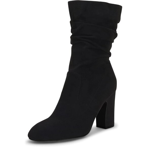 Women's Black Microfiber Mid Calf High Chunky Heel Block Rounded Toe Booties - Picture 1 of 6